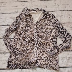 Jane & Delancey Black White Animal Print Button-Up Blouse L
